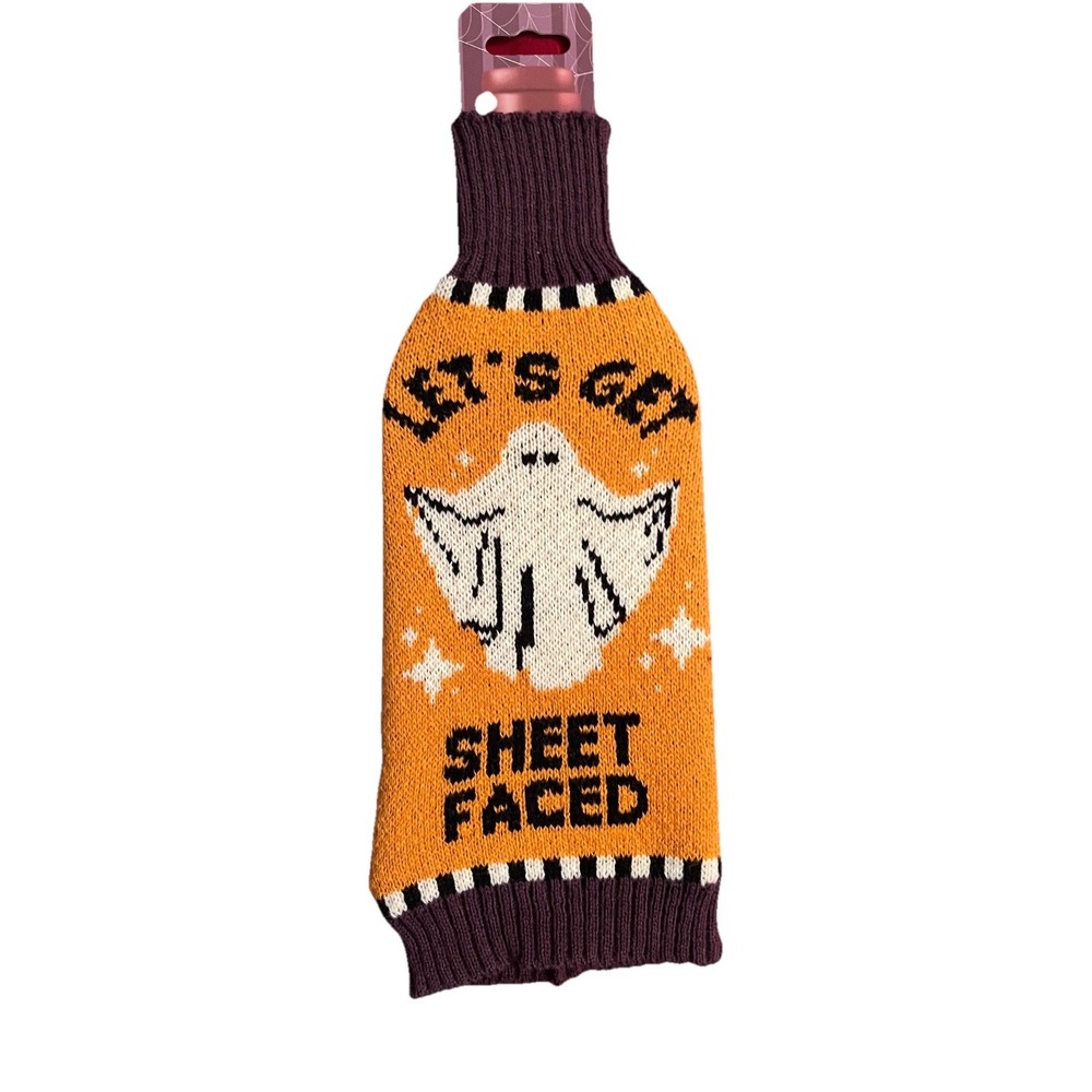 Halloween Lets Get Sheet Faced Wine Bottle Sweater Ghost Beverage Holder Sleeve